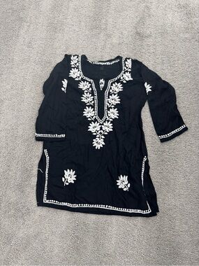 Black Embroidered V-Neck Women's Tunic Top